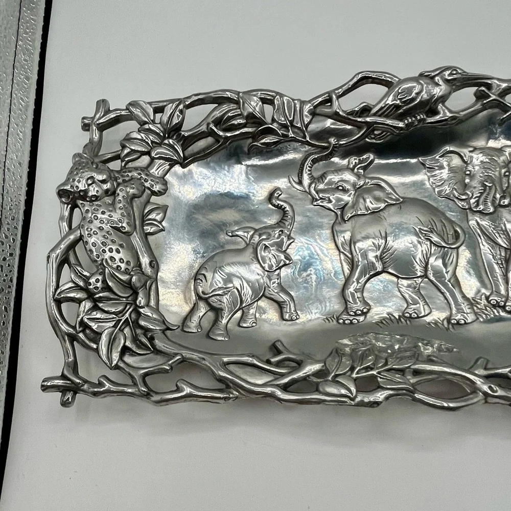 1997 Arthur Court Aluminum Jaguar , Elephant, Bird Tray 7/19 Inch